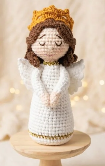 Ángel guardián tejido a crochet — amigurumi devocional artesanal en algodón premium